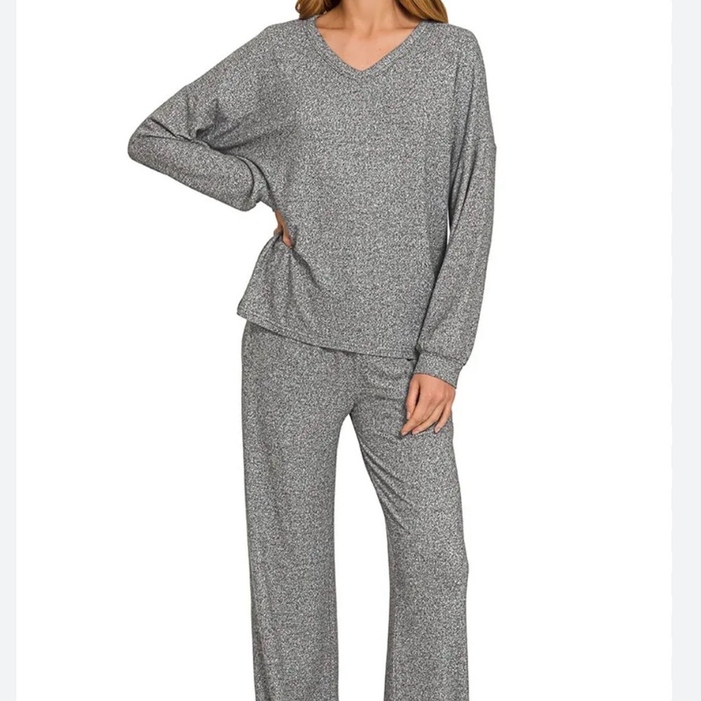 Zenana Melange Long sleeve top and pants set